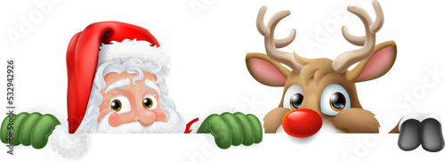 Foto Cartoon Santa Claus or Father Christmas and his reindeer peeking over a sign