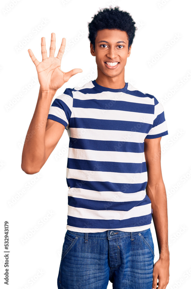 Young african american man wearing casual clothes showing and pointing up with fingers number five while smiling confident and happy. Young african american man wearing casual clothes showing and pointing up with fingers number five while smiling confident and happy.