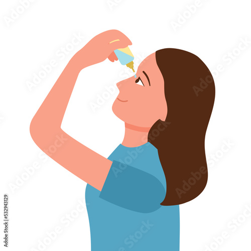 Woman putting eye drops for dry eye or sore eye treatment in flat design. Female applying contact lenses daily solution.