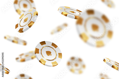 White gold casino chips falling seamless PNG overlay background isolated on transparent in different positions. Poker endless texture with falling golden defocused blur elements