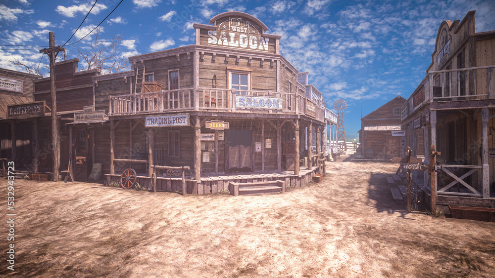 Saloon and stores in dusty old wild west frontier town.3D rendering.