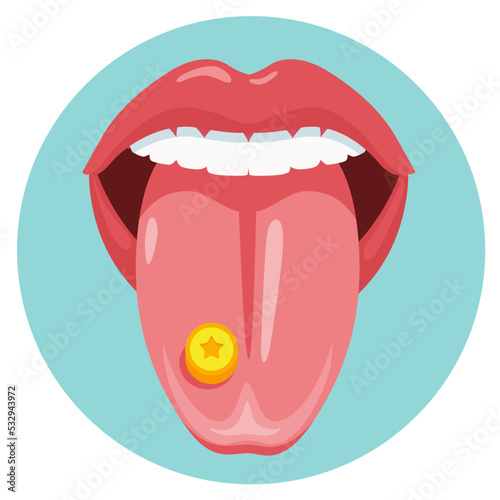 MDMA on tongue with yellow star symbol. Tongue with drug ecstasy pill. Flat vector illustration. 