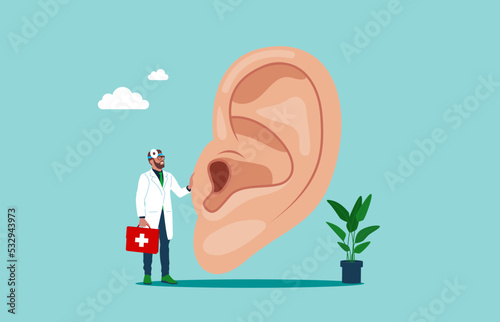 The physician, specialist holds a big sign - human ear. Ear doctor.  Flat vector illustration. photo
