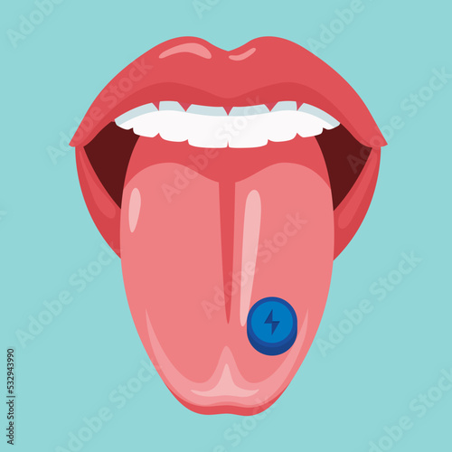 Tongue with drug ecstasy pill. MDMA on tongue with lightning bolt symbol. Flat vector illustration.