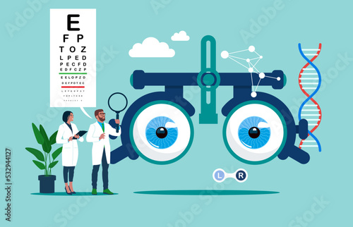 Medical sight checkup, diagnosis and look treatment. Optical lens examination and retina correction scene. Ophthalmology as eye and vision healthcare occupation.