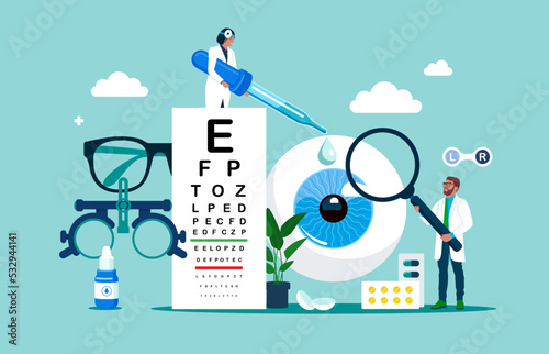 Patient myopia and foresight focus correction treatment with pills drops and glasses. Abstract lens view examination checkup. Flat vector illustration. photo