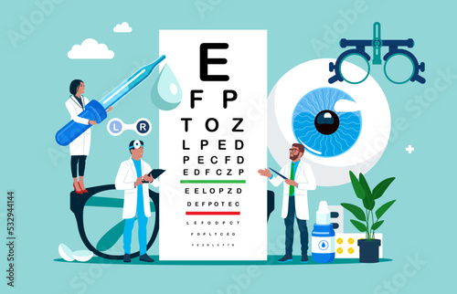 Eye care and sight diagnostic testing. Ophthalmology laboratory equipment, vision check up vector examination ophthalmological treatment. Vector illustration. 