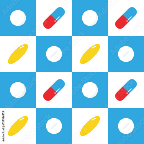 Colorful cartoon style vector seamless pattern background with food supplements, pills, medications.
