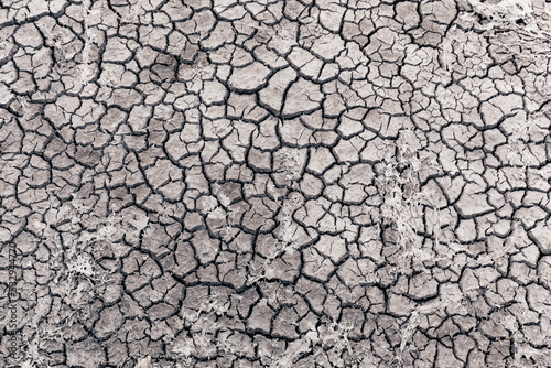 Abstract top down view of cracked dry soil, mud, clay with deep jagged cracks