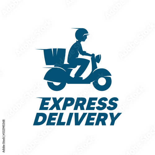 Express delivery label. Courier boy riding motor bike. Vector logo