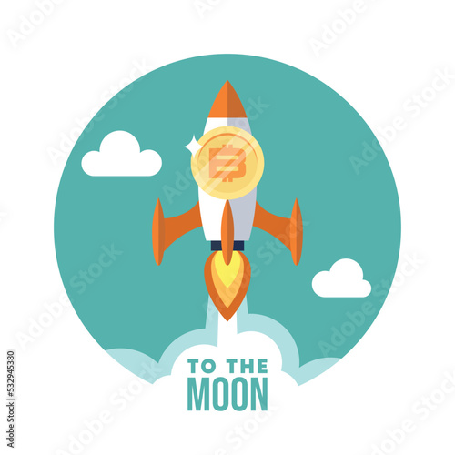 Bitcoin, to the moon. Flat rocket icon. Startup