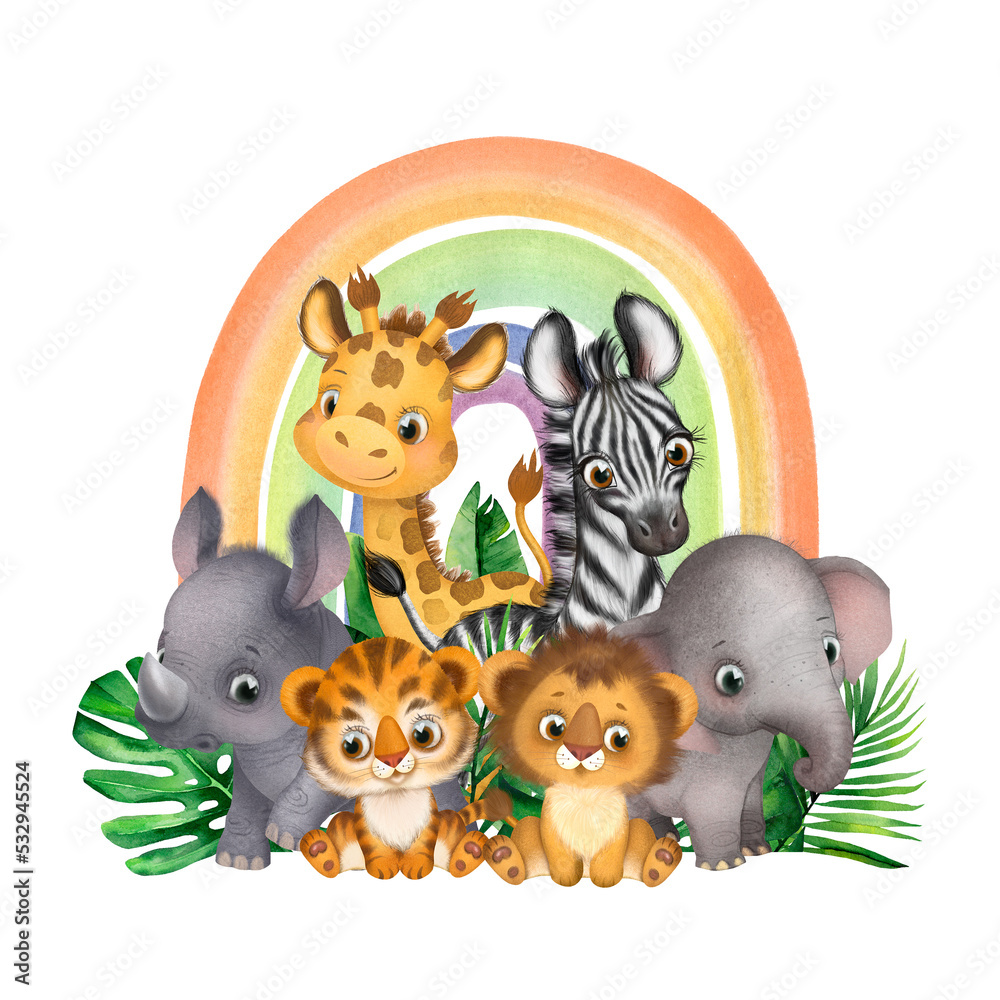 Safari animals kids print, illustration with baby animals, african animals, elephant, rhinoceros, lion, giraffe, zebra, cute baby animals