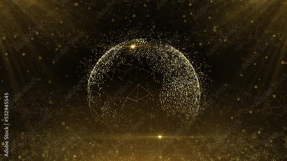 Glittering Gold particles and dust around the planet earth. plexus globe concept with animated golden particles 