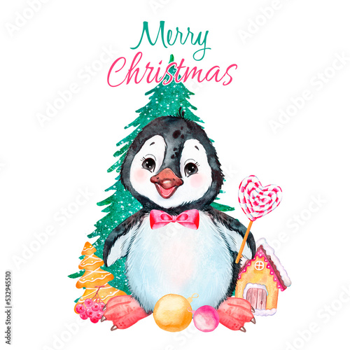 Penguin baby illustration, watercolor drawing, cute baby print, funny penguin, Christmas tree, inscription Merry Christmas