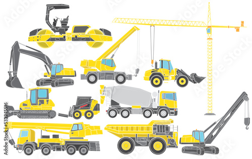 Big set of construction equipment. Special machines for construction work. Loaders, cranes, excavators, bulldozers, trucks. Special equipment. Road repair. Construction. Commercial vehicles.