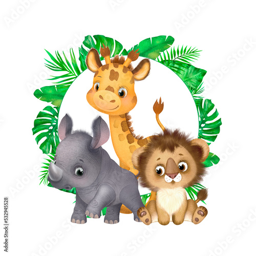 Safari animals print  baby animals illustration  African animals  cute baby animals  rhinoceros  giraffe  lion