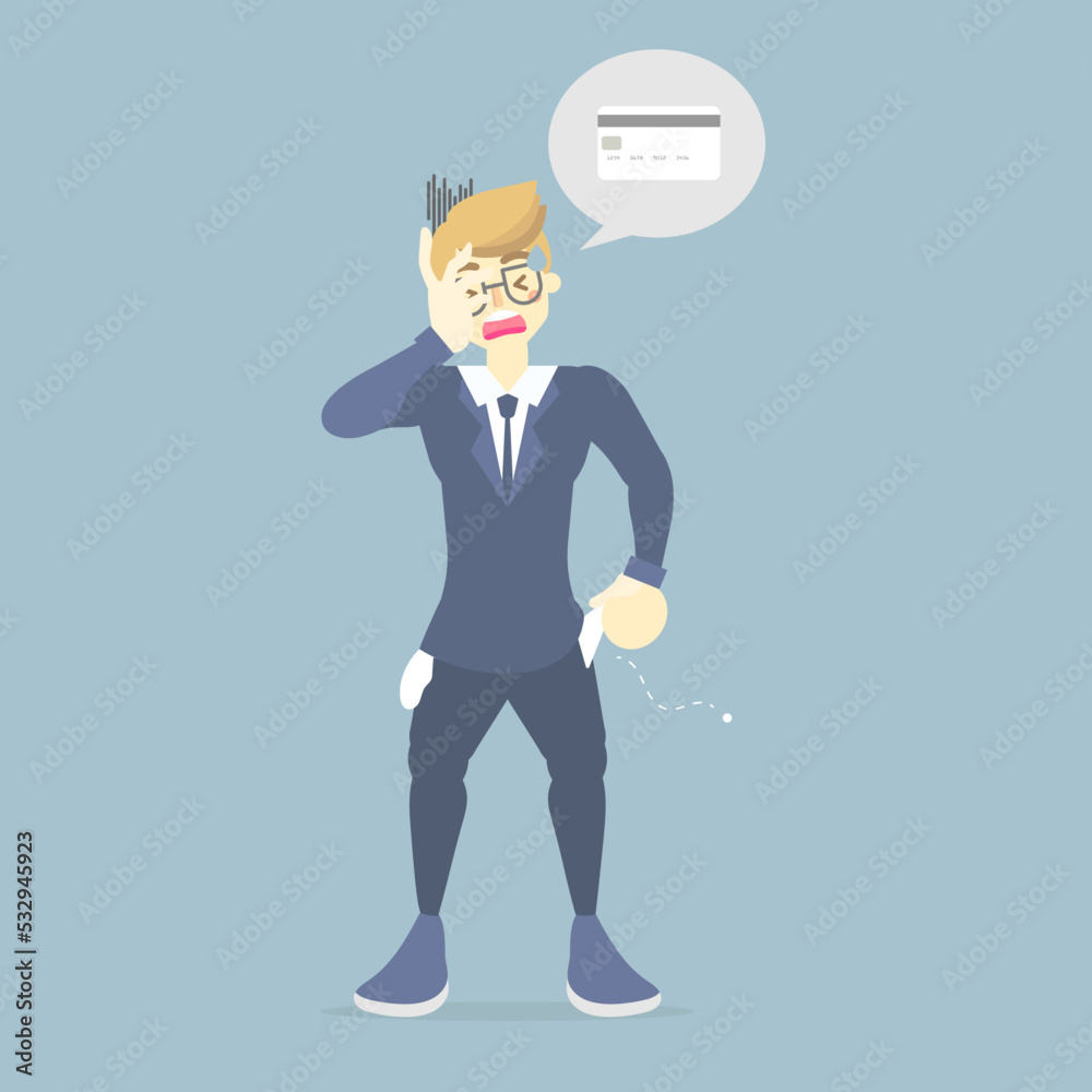sad, upset businessman showing empty pocket with no money, thinking about credit card, financial debt concept, flat vector illustration cartoon character design clip art