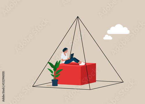 Businesswoman or office worker, working with laptop computer, sitting inside the pyramid, presenting to introvert woman. Flat vector illustration.