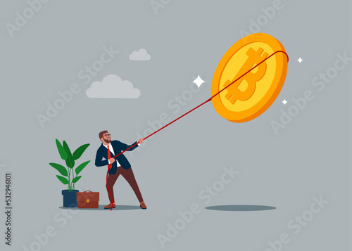 Bitcoin BTC price soaring sky high hit new high record concept. Inflation, price rise, money value decrease, Bitcoin BTC coin. Flat vector illustration.