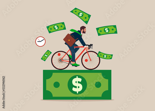 Businessman rides a bicycle to work to save money on travel to the office. Flat vector illustration.