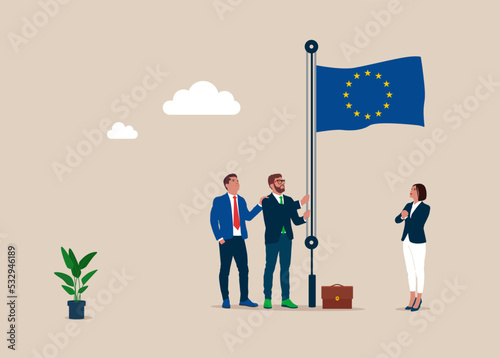 Businessman and team, male raising waving flag of European Union. Flat vector illustration.