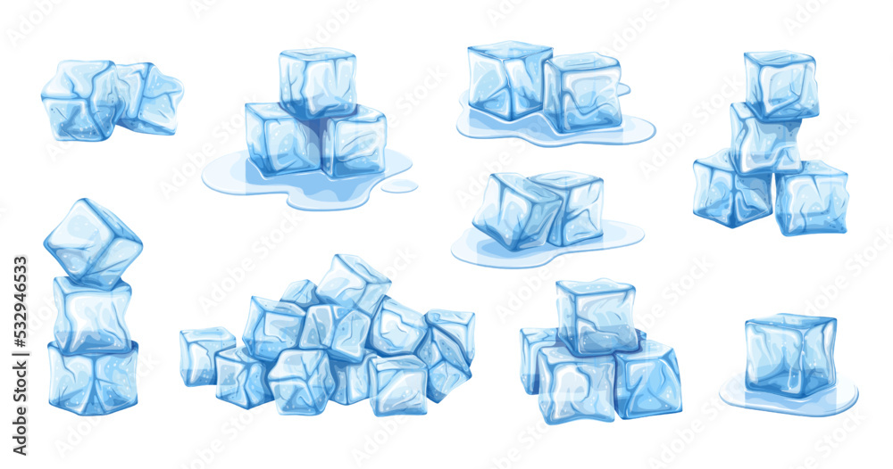Ice Cubes SetIce cubes set vector illustration. Cartoon isolated transparent frozen water from freeze, blue crystal pieces of square shape melt with clear drops, stack of iced cubes for cocktails and 