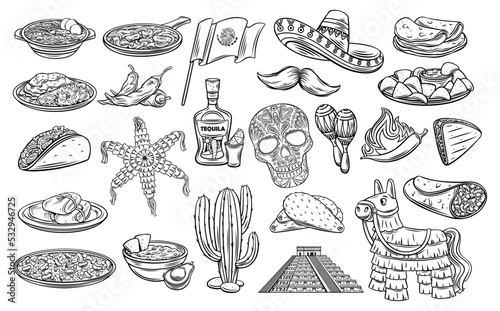 Cinco de Mayo outline icons set vector illustration. Mexican carnival decoration collection with hand drawn food from Mexico, sombrero hat and pinata, cactus and decorative skull, maracas for party