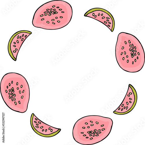 Round frame with simple guajava on white background. Vector image.