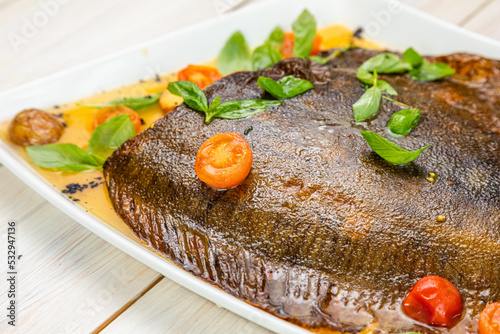 sea delicacy, sea food, fried flounder with vegetables