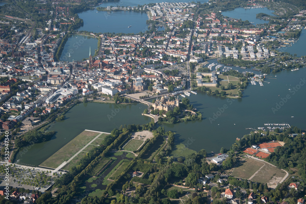 Aerial panorama flight over the city of schwerin germany