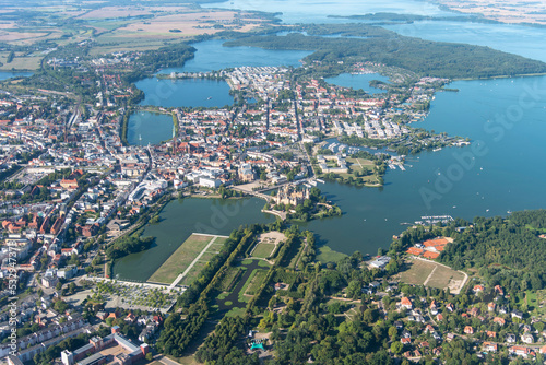 Aerial panorama flight over the city of schwerin germany