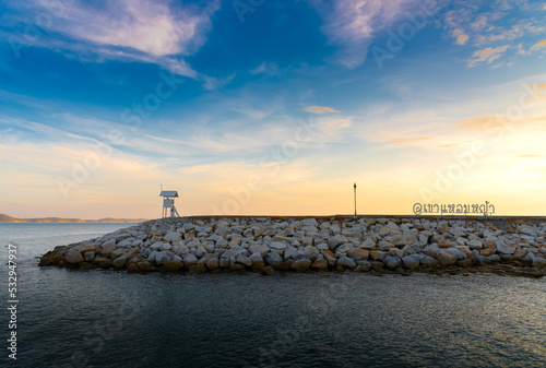 sunrise seascape with tower observation old small Located   in the khao laem ya - mu ko samet National Park  Thailand.