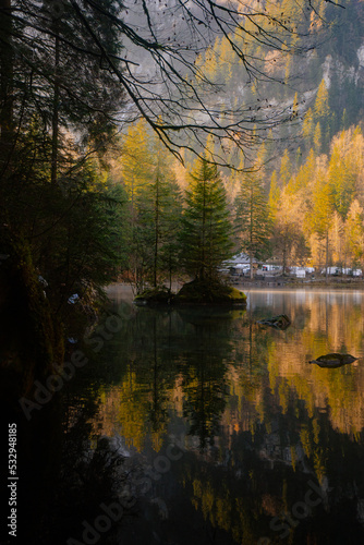 Fototapeta Naklejka Na Ścianę i Meble -  Blausee , beautiful turquoise nature lake in Bernese Oberland, Kandergrund during autumn , winter morning : Blausee , Switzerland : December 4 , 2019