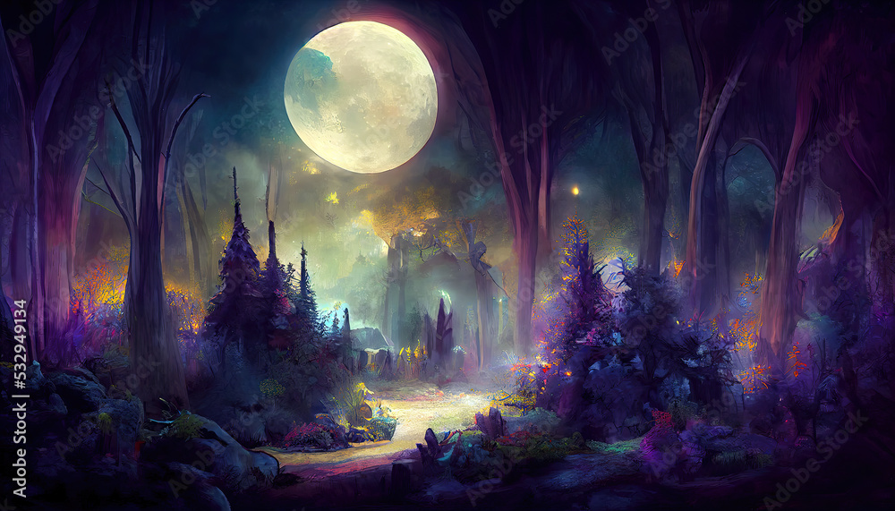 Bright full moon in dark fairy tale forest as wallpaper design