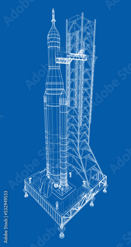Space Rocket on launch pad. Vector rendering of 3d