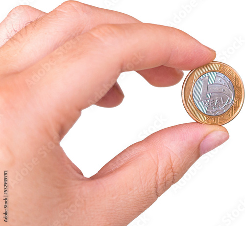 One real coin in the palm of a person's hand. Hand holding a 1 dollar coin. Real is the currency system of the Brazilian Government. PNG image with transparent background