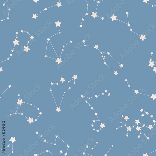Zodiac constellations seamless pattern. Hand drawn pattern. Blue background
