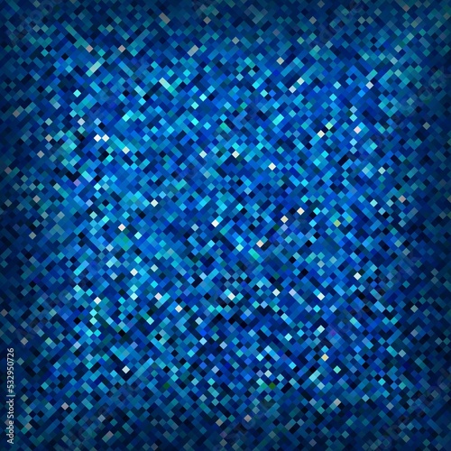 Dark blue shimmer pixel grains abstract texture. Small rhombus mosaic empty wall.