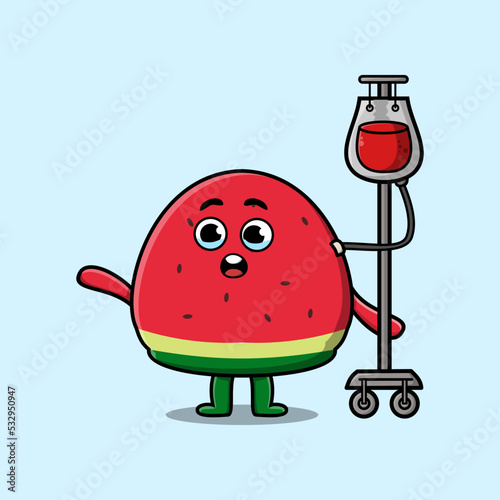 Cute cartoon illustration of Watermelon having blood transfusion with cute modern style deign
