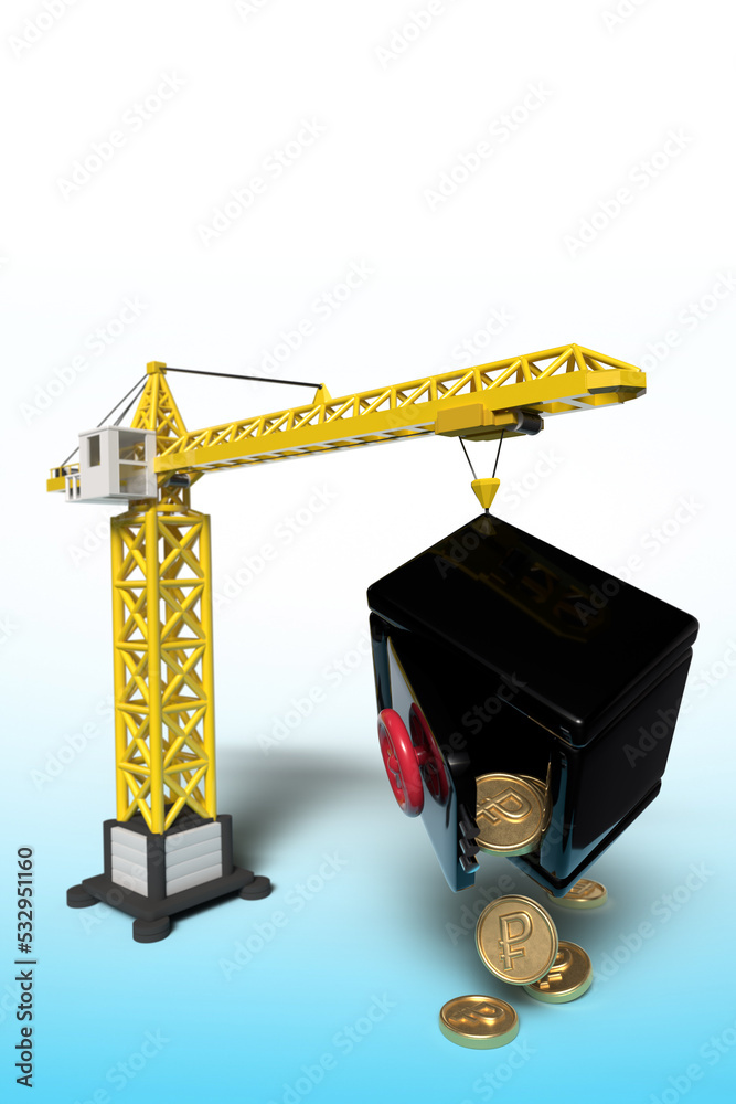 Background with a construction crane and a bank safe from which coins with a rouble sign are pouring out. Template on the theme of investments in construction and I will lose money on investments. Background with a construction crane and a bank safe from which coins with a rouble sign are pouring out. Template on the theme of investments in construction and I will lose money on investments.