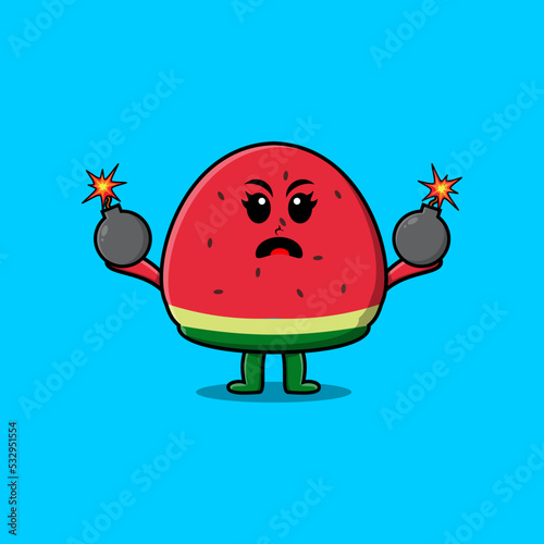 Cute cartoon Watermelon holding bomb with scared expression in flat modern style design
