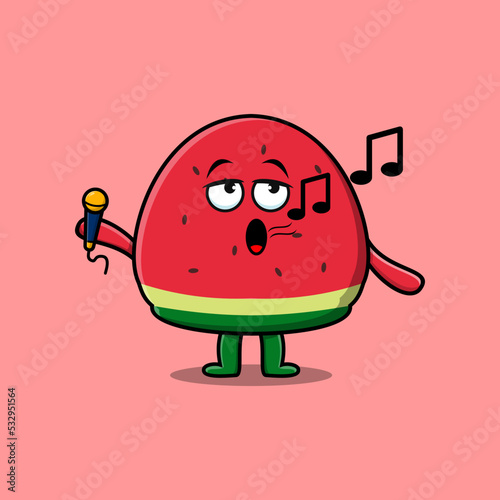 Cute cartoon Watermelon singer character holding mic in flat modern style design