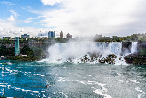 Niagara Falls from the Canadian side of the river with two of three individual falls, the American Falls and the Bridal Veil Falls located on United States side 