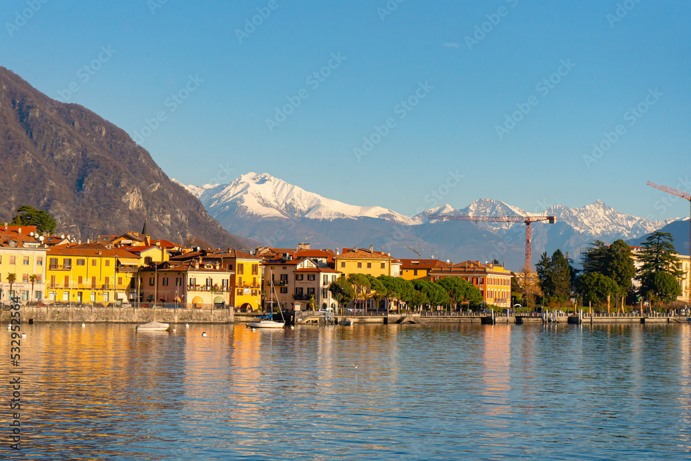Menaggio , beautiful town on the shore of Lake Como , Lombardy .  during autumn , winter sunny day : Lake Como , Italy : December 7 , 2019