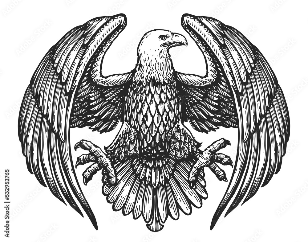 Eagle with spread wings. Royal symbol. Hand drawn sketch in vintage