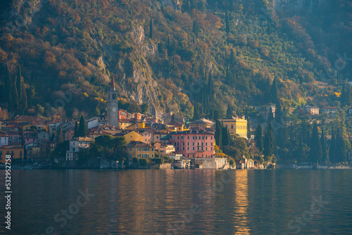 Varenna , picturesque town at Lake Como , Lombardy , during autumn , winter , cloudy day : Lake Como , Italy : December 7 , 2019