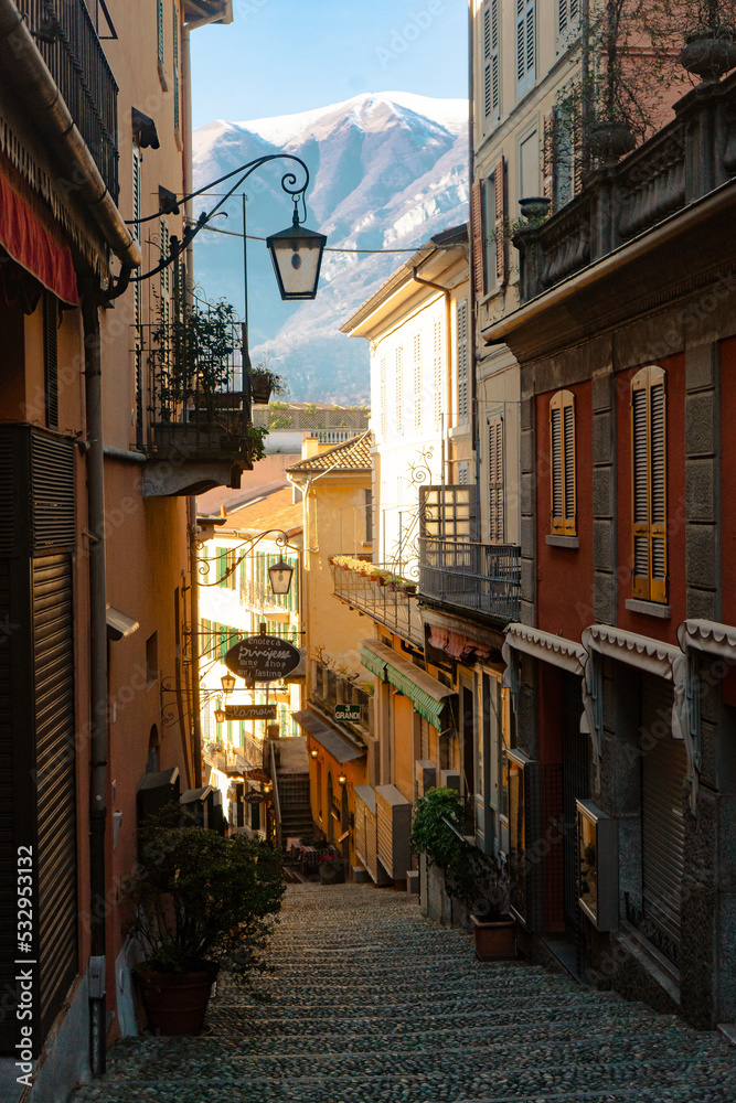 Bellagio , Coastal town at Lake Como , Lombardy . Salita Serbelloni street during autumn , winter sunny day : Lake Como , Italy : December 7 , 2019