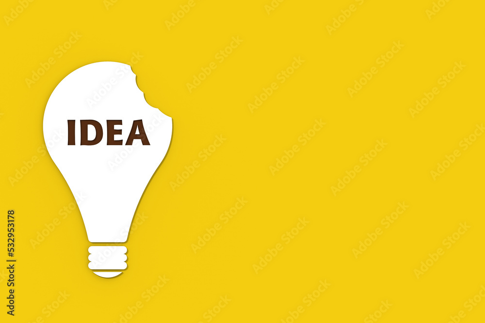 a white bitten light bulb with the inscription idea on a yellow background. teeth marks stealing an idea. plagiarism. copying other people's works. horizontal image. 3D image. 3D rendering. a white bitten light bulb with the inscription idea on a yellow background. teeth marks stealing an idea. plagiarism. copying other people's works. horizontal image. 3D image. 3D rendering.
