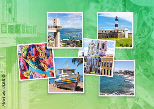 Collage of photos from Bahia Brazil. Bahia tourist attractions. Lacerda Elevator  Farol da Barra. Brazil Beach. Photo frame