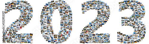 2023 made of travel photos; Composite image of small photos with white borders